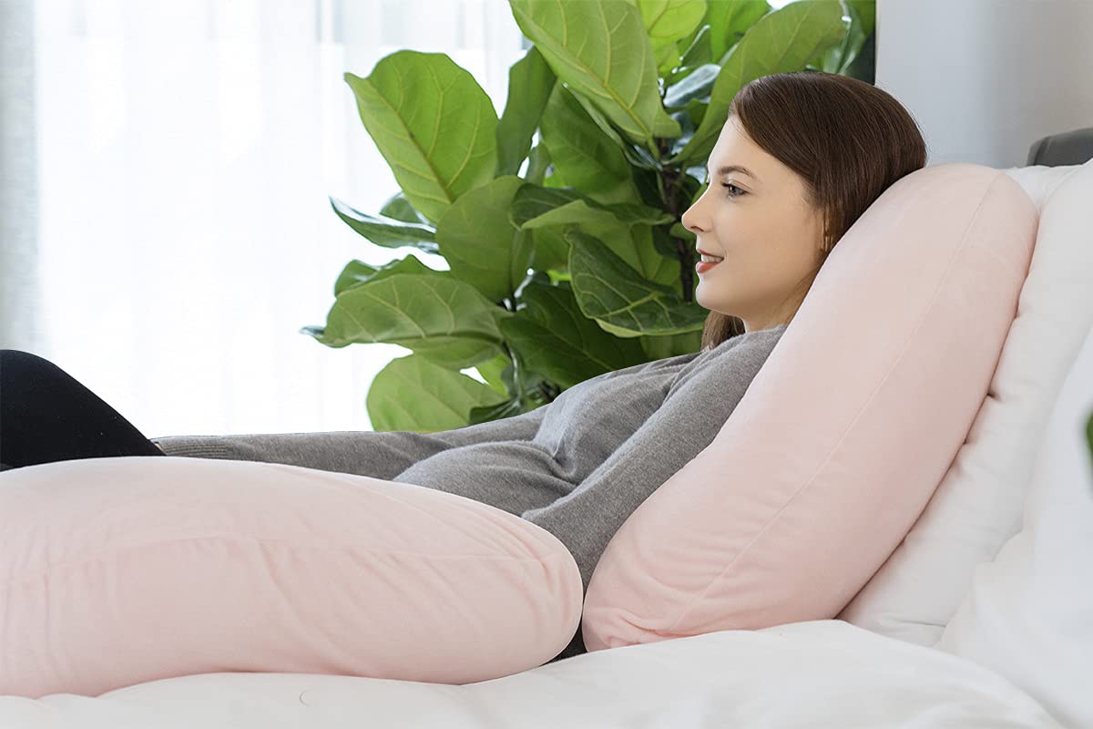 INSEN Pregnancy Pillow,Maternity Body Pillow with Velvet Cover,C Shaped Body Pillow for Sleeping, Warm Pink