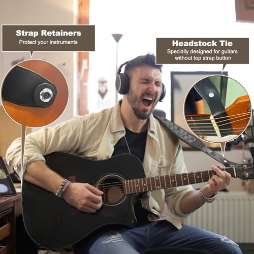 Guitar Strap and Bass Strap, Embroidered Guitar Strap, Adjustable Strap Length, Equipped with 3D Sponge Filled Foam Pad, Comes with 4 Picks + 2 Strap Locks, Best Gift for Guitar Players, Silver - color: Silver Embroidery