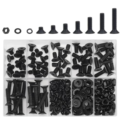 DYWISHKEY 246 Pieces M5 Black Screws, 10.9 Grade Alloy Steel M5x 6/8 /10/12 /16/20 /25mm Countersunk Head Socket Cap Screws Bolts Nuts Washers Assortment Kit - size: M5, style: Countersunk Head Socket Cap