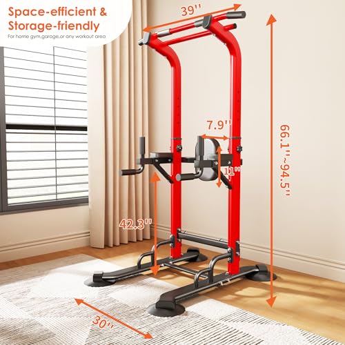 soges Power Tower Pull Up Bar Station, Dip Station for Home Gym, Height Adjustable Heavy Duty Strength Home Training Fitness Workout Equipment - color: Red
