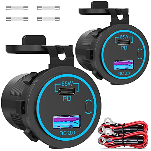 83W 12V USB Outlet Laptop Charger: 2 Pack 65W USB-C PD3.0 and 18W QC3.0 Multi Car Port 12V Socket Waterproof with Power Switch for Car Boat Marine Bus Truck Golf Cart RV Moto, etc.