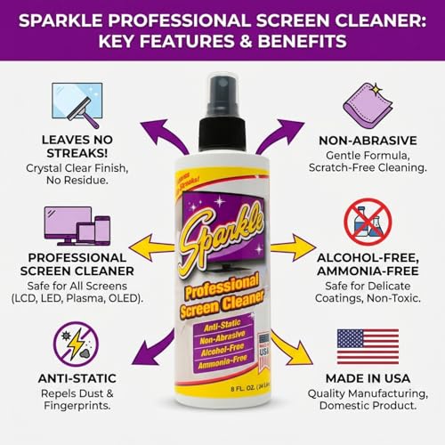 Sparkle Screen & Monitor Cleaner Spray, Ammonia & Alcohol-Free, Anti-Static, Streak-Free Formula for TVs, Laptops & Displays, 8 fl oz (Pack of 3) - size: 8 Fl Oz (Pack of 3)