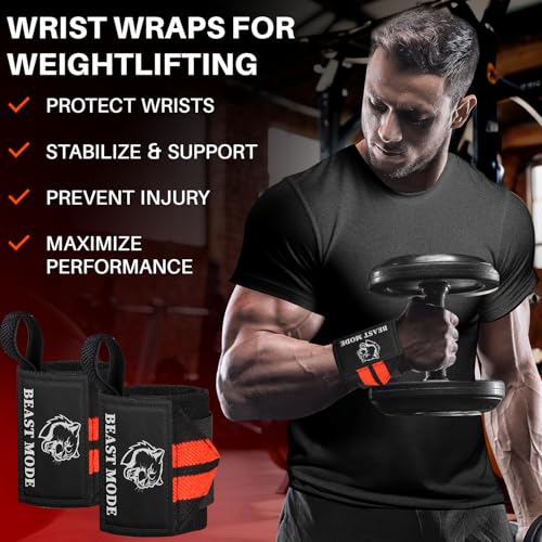 TECEUM Elastic Cotton Weightlifting Wrist Wraps with Thumb Loops, 1 Pair - color: Black and Red, style: 12" – Beast Mode