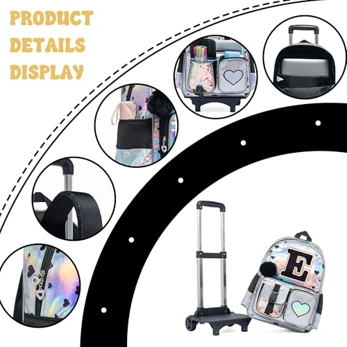 HTgroce Cute Rolling Backpack with Wheel,School Backpack for Kids Girl Roller Schoolbag Wheeled Backpacks Set Carry-on Luggage,Initial E - color: Silver, style: E