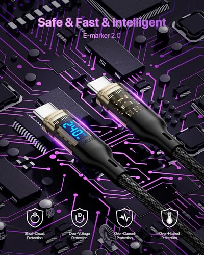 240W USB C to USB C Transparent Cable with LED Display Compatible with 140W 100W Fast Charging for MacBook Pro,lPhone 16/15/15Pro/15ProMax,Galaxy S23+/S23Ultra/S22,10ft,Black - size: 10Ft