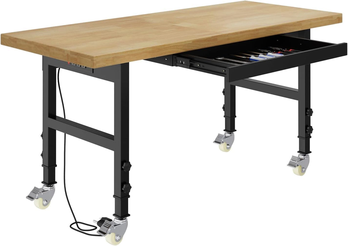 60" Work Bench with Wheels, Adjustable Height Workbench with Drawers, Heavy-Duty Work Table with Power Outlets, 2000 LBS Capacity Workstation for Garage, Workshop, Office, Home