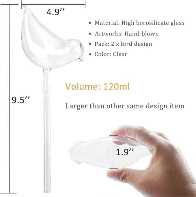 Glass Plant Watering Globes, Self Watering Globes Bird Shape, Self Watering Planter Insert, Plant Watering Devices, Automatic Plant Waterer Indoor, Watering Bulbs, 2 Pack