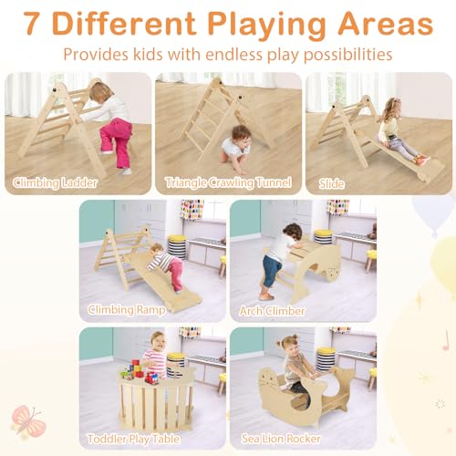 HONEY JOY 7 in 1 Climbing Toys for Toddlers, Wood Triangle Climber w/Ramp for Sliding or Climbing, Rocker, Foldable Montessori Triangle Climbing Arch Set for Daycare, Gym & Playground, Natural - style: 7 In 1 Natural