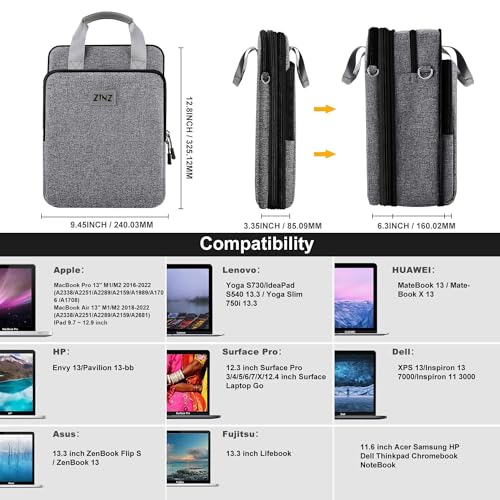 Laptop Shoulder Bag 12.3-13 inch Case Sleeve, Expandable Handbag with Valuables Compartment Compatible with MacBook Air/Pro/Neo 13", iPad 12.9"/13"/11", Shockproof,Gray-Black edge - color: Gray-black Edge