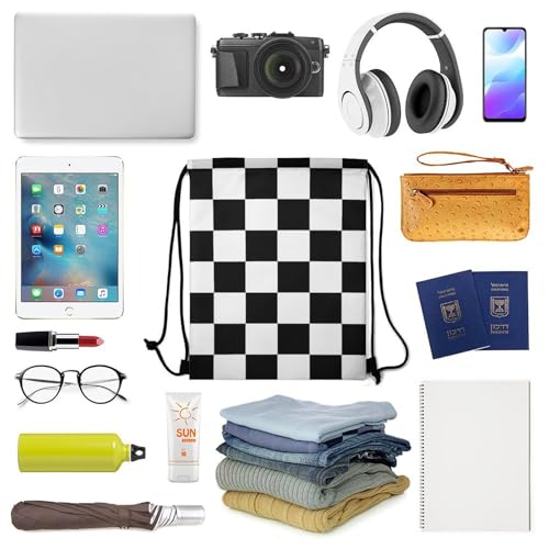 Beam Backpack Drawstring Sack Large Capacity for Soccer Basketball Sports Equipment Travel Men Women, Race Checkerboard Checkered Black And White Bags - color: Picture (34)