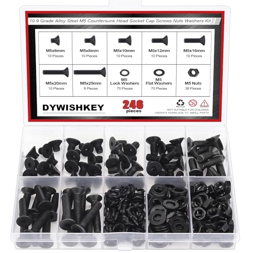 DYWISHKEY 246 Pieces M5 Black Screws, 10.9 Grade Alloy Steel M5x 6/8 /10/12 /16/20 /25mm Countersunk Head Socket Cap Screws Bolts Nuts Washers Assortment Kit - size: M5, style: Countersunk Head Socket Cap