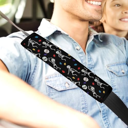 2 Piece Universal Fit Seat Belt Cover for Adult Use, Most Cars, Halloween Rock N Roll Dancing Skeleton Sugar Skulls Print Seat Belt Covers Cushion, Shock Absorption - color: Pattern 969