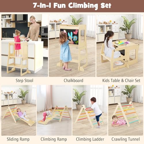 HONEY JOY 7 in 1 Climbing Toys for Toddlers, Convertible Kids Step Stool/Table & Chair/Chalkboard, Folding Triangle Climber w/Ramp, Montessori Kitchen Stool Tower for Learning w/Safety Rail (Colorful)