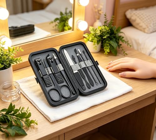 Luxury 9-in-1 Manicure Set – Premium Stainless Steel Grooming Kit with Elegant Leather Case-Black
