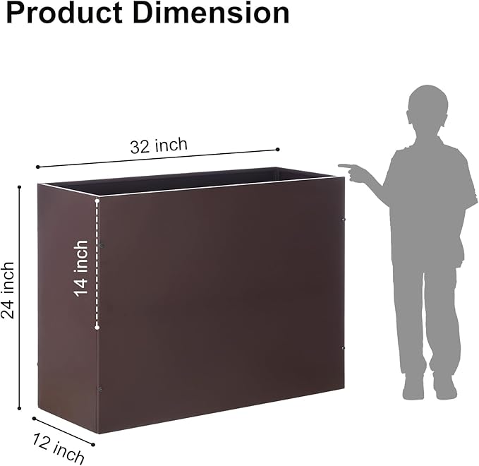SUNNYPARK Large Metal Planter Box 32”x 12”x 24”, Rectangular Modern Brown Metal Planter Box Heavy Duty with Drainage Holes for Outdoor Garden Patio