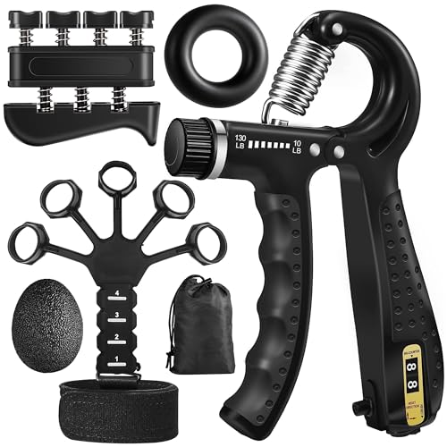 Grip Strength Trainer Kit (5 Pack) Adjustable Resistance Hand Gripper,Finger Exerciser,Hand Extension Exerciser,Stress Relief Ball and Forearm Workout Ring for Muscle Building Injury Recover - color: Black