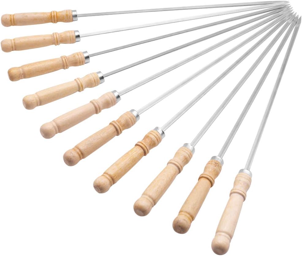 HAKSEN 16 inch Kabob Skewers with Wood Handle for BBQ Camping Cookware Campfire Grilling Cooking, Stainless Steel, 10PCS