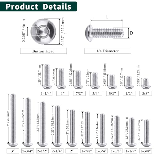 1/4-20 x 1/2" Button Head Socket Cap Bolts Screws, 304 Stainless Steel 18-8, Allen Hex Drive, Bright Finish, Fully Machine Thread, Pack of 25 - size: 1/4-20 x 1/2