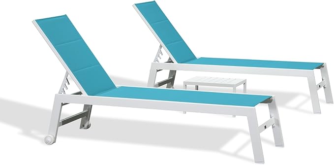 PURPLE LEAF Outdoor Chaise Lounge Set Oversize Adjustable Sunbathing Recliner Extra Wide Lounge Chairs with Side Table for Poolside Beach Outside Patio Aluminum Chaise Lounger Blue