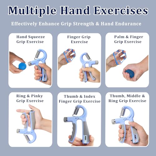 Grip Strength Trainer Kit Adjustable 10-132Lbs Hand Exerciser Counter | Forearm Strengthener, Finger Stretcher, Stress Ball and Bag for Grip Recovery, Wrist Training, Rehab, Climbers and Musicians - color: Blue