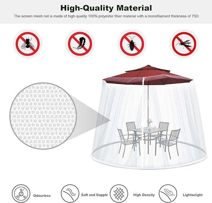 9-11 FT Umbrella Net for Outdoor Umbrella, Universal Hanging Mosquito Net for Patio,Polyester Mesh Umbrella Screen for Patio Tables with Zipper(White)