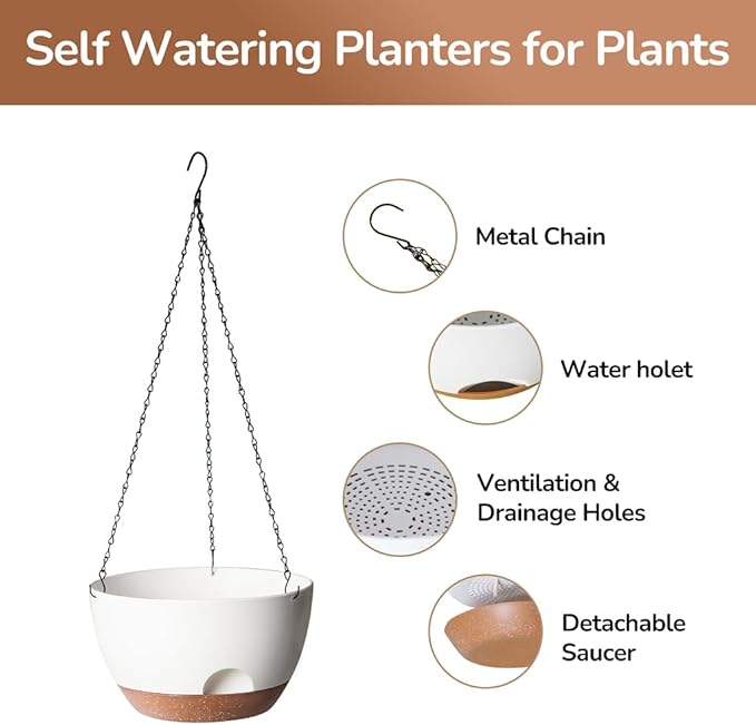 12 Inch Hanging Baskets for Plants Outdoor, Hanging Planters for Indoor Outdoor Plants, Hanging Planter with Self Watering, Hanging Flower Pots (White)