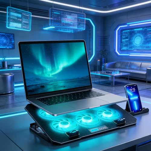 Laptop Cooling Pad 6 Quiet Fan for Laptop Gaming Fan Pad 5 Height Adjustable 2 USB Port Phone Holder Lightweight Stand - color: LCD model