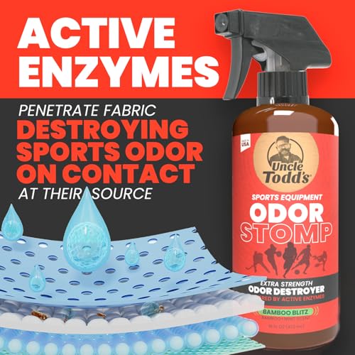Uncle Todd’s Odor Stomp Sports Equipment Odor Eliminator Spray - Extra Strength Enzyme-Powered Deodorizer for Football, Hockey, Gym Bags, and Athletic Gear - Bamboo Blitz Scent - 16 oz