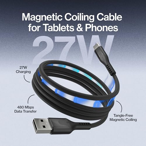 Statik MagStack USB A to USB C Coiling Magnetic Charging Cable, 27W | Nylon Braided Tangle-Free Design, Magnetic Coiling, Data Transfer, Compatible with iPhone & Android, 6FT Black - color: Black, size: 6ft, style: USB-A to USB-C