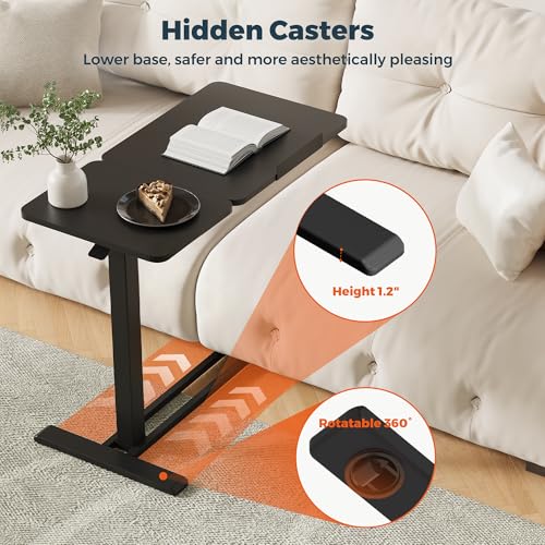 28''Pneumatic Overbed Tilting Bedside Table,Small Desk with Wheels | 27.6"x15.7" Black Single-Side Flip Tabletop,Hospital Medical Bedside Table,Overbed Table with Wheels,Small Standing Desk - color: Black, size: Small