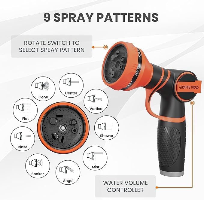 Giraffe Tools Garden Hose 100FT Non-Expandable Lightweight Flexible Water Hoses Burst 600 psi with 9 Spray Function Nozzle Heavy Duty Hose