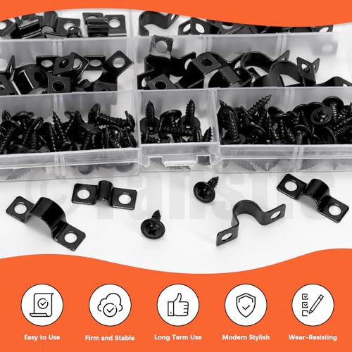 Tanstic 40Pcs Black Two Hole Pipe Strap, 3/16” 5/16” 3/8” 1/2” Two Hole Strap U Bracket Rigid Pipe Strap Pipe Strap Clamp with Phillips Modified Truss Head Wood Screws for Fixing Conduit, U Bracket - size: 5/8/10/12mm