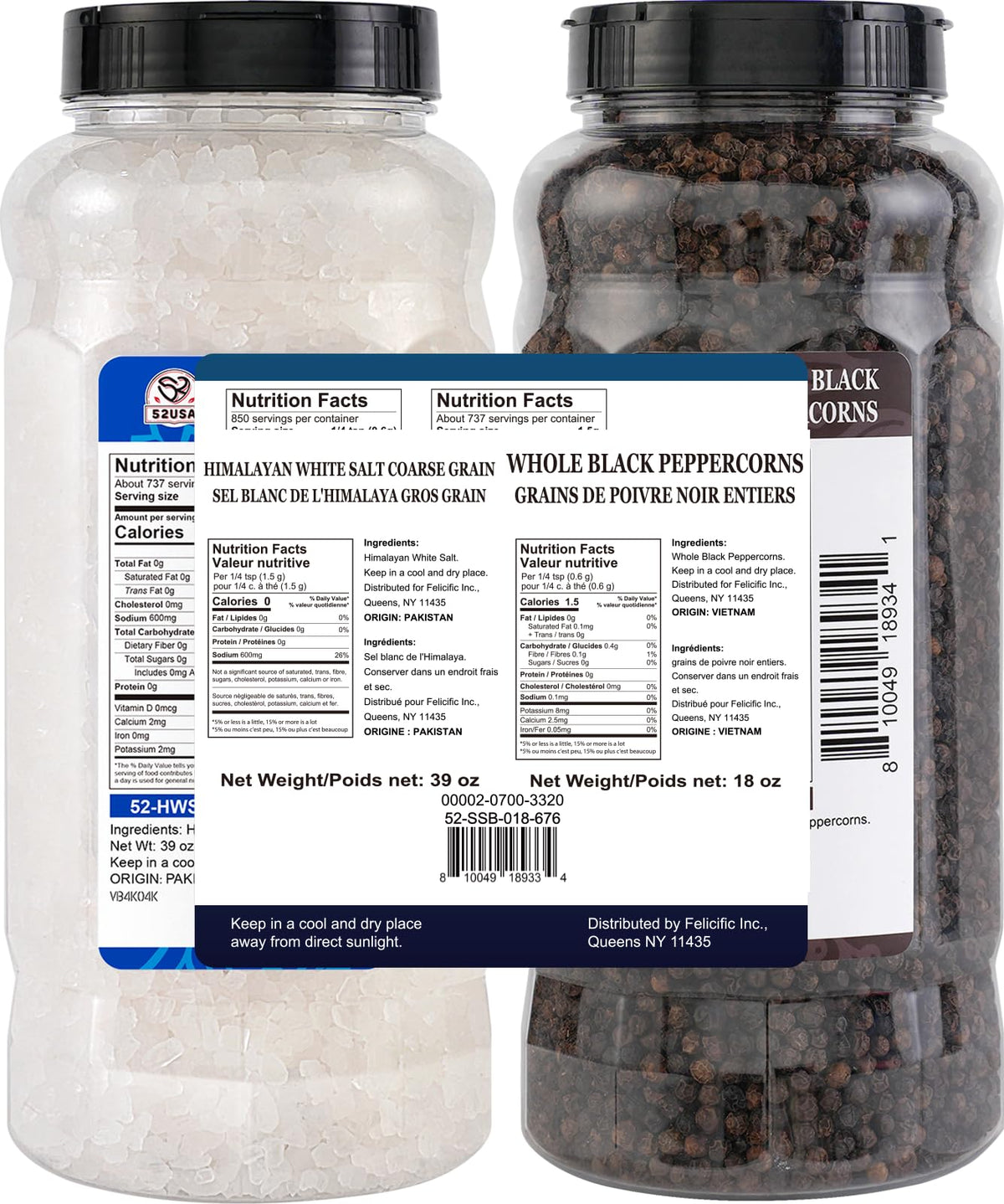 52USA Himalayan Salt Coarse Grain (39 oz) + Whole Black Peppercorns (18 oz) – Salt & Pepper Grinder Refill Set