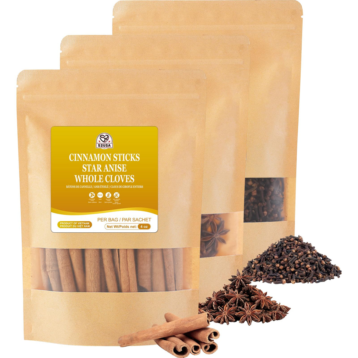 52USA Cinnamon Sticks, Star Anise & Whole Cloves – 4oz Each All-Natural Spice Set