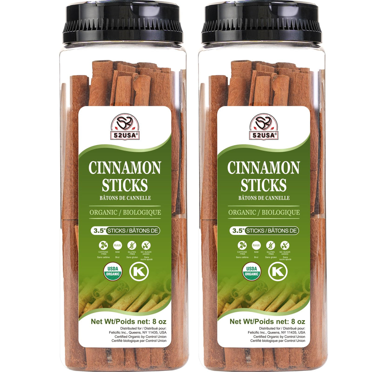 52USA Organic Cinnamon Sticks 2-Pack – Whole, Raw, USDA & Kosher Certified