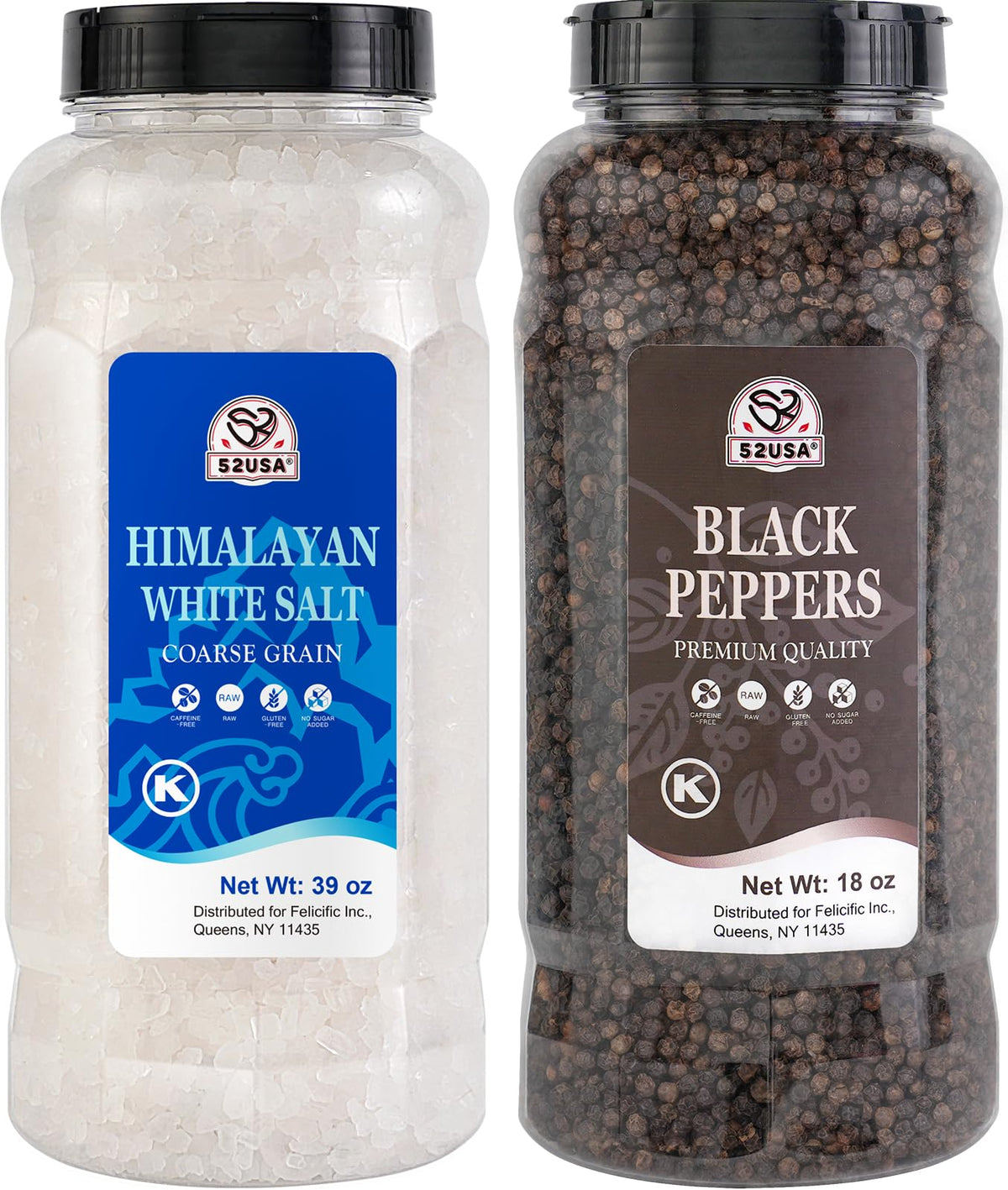 52USA Himalayan Salt Coarse Grain (39 oz) + Whole Black Peppercorns (18 oz) – Salt & Pepper Grinder Refill Set