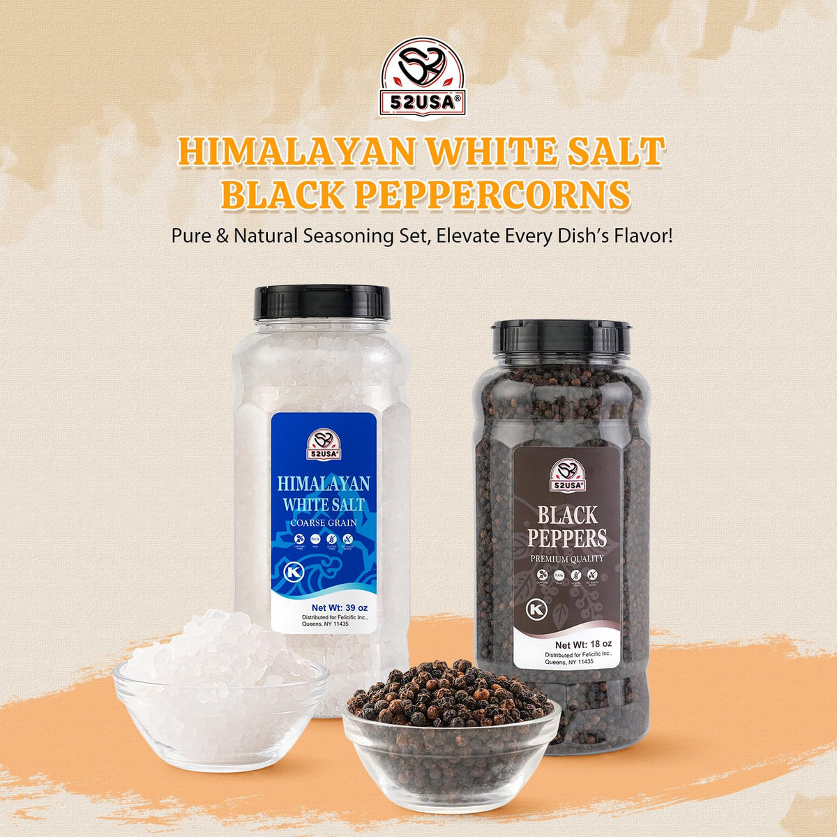 52USA Himalayan Salt Coarse Grain (39 oz) + Whole Black Peppercorns (18 oz) – Salt & Pepper Grinder Refill Set