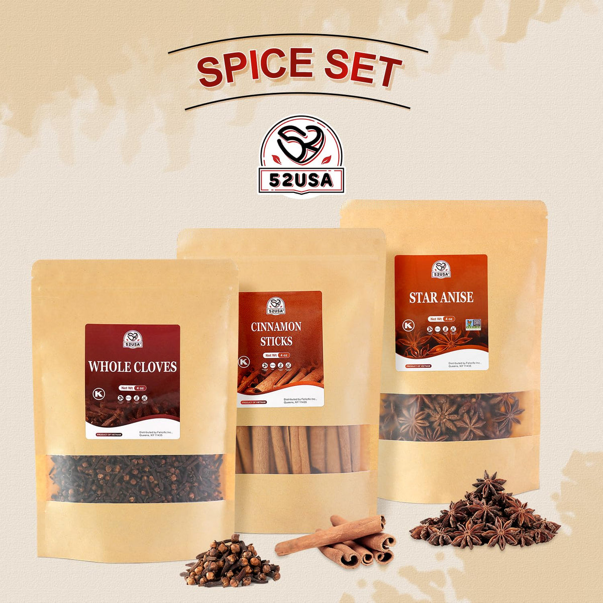 52USA Cinnamon Sticks, Star Anise & Whole Cloves – 4oz Each All-Natural Spice Set