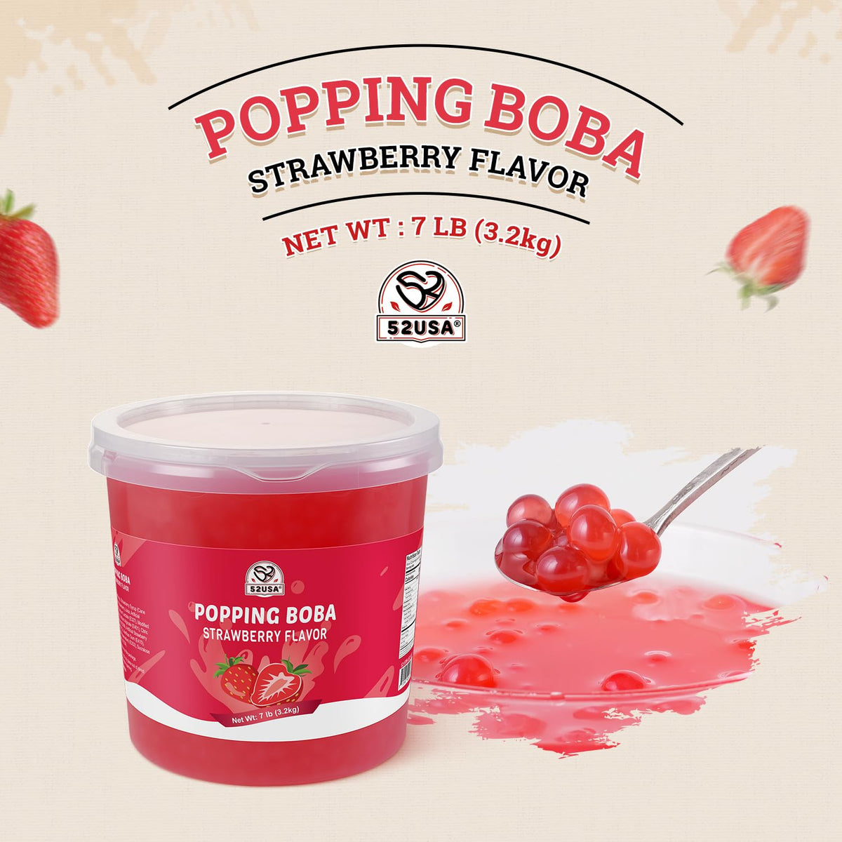 52USA Strawberry Popping Boba Pearls 7.05 lb (3.2 kg) – Bursting Boba for Bubble Tea, Drinks & Desserts