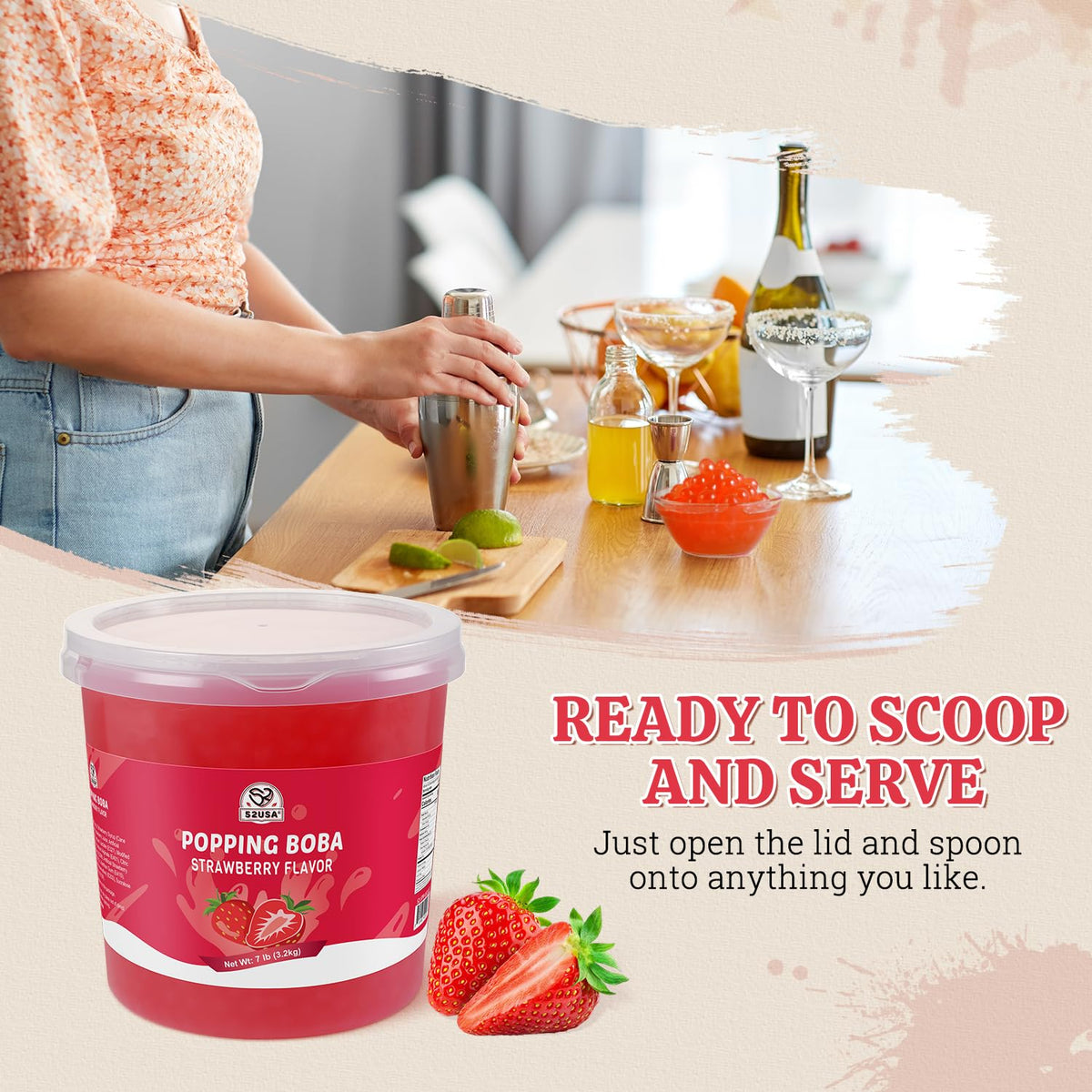 52USA Strawberry Popping Boba Pearls 7.05 lb (3.2 kg) – Bursting Boba for Bubble Tea, Drinks & Desserts