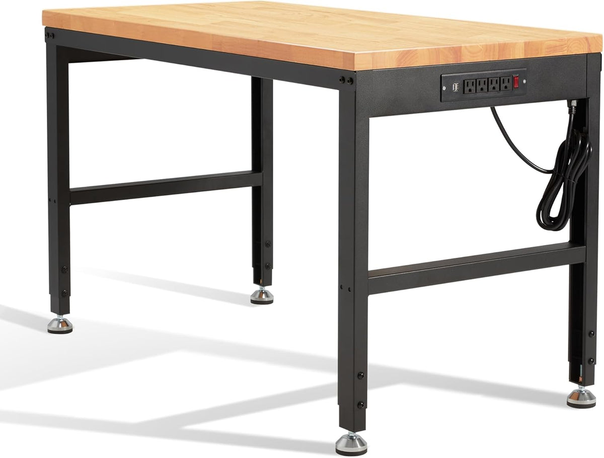HABUTWAY Height Adjustable Workbench 48"x 24" 2000 Lbs Capacity Solid Wood Work Station Heavy-Duty Work Tables with Power Outlets for Garage Party Shop Office