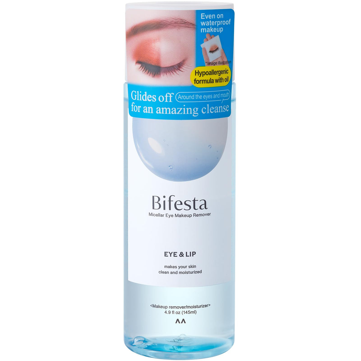Bifesta Eye & Lip Micellar Makeup Remover 4.9 fl oz (145ml) – Dual-Phase Waterproof Makeup Remover, Non-Greasy, Fragrance-Free by MANDOM, Made in Japan