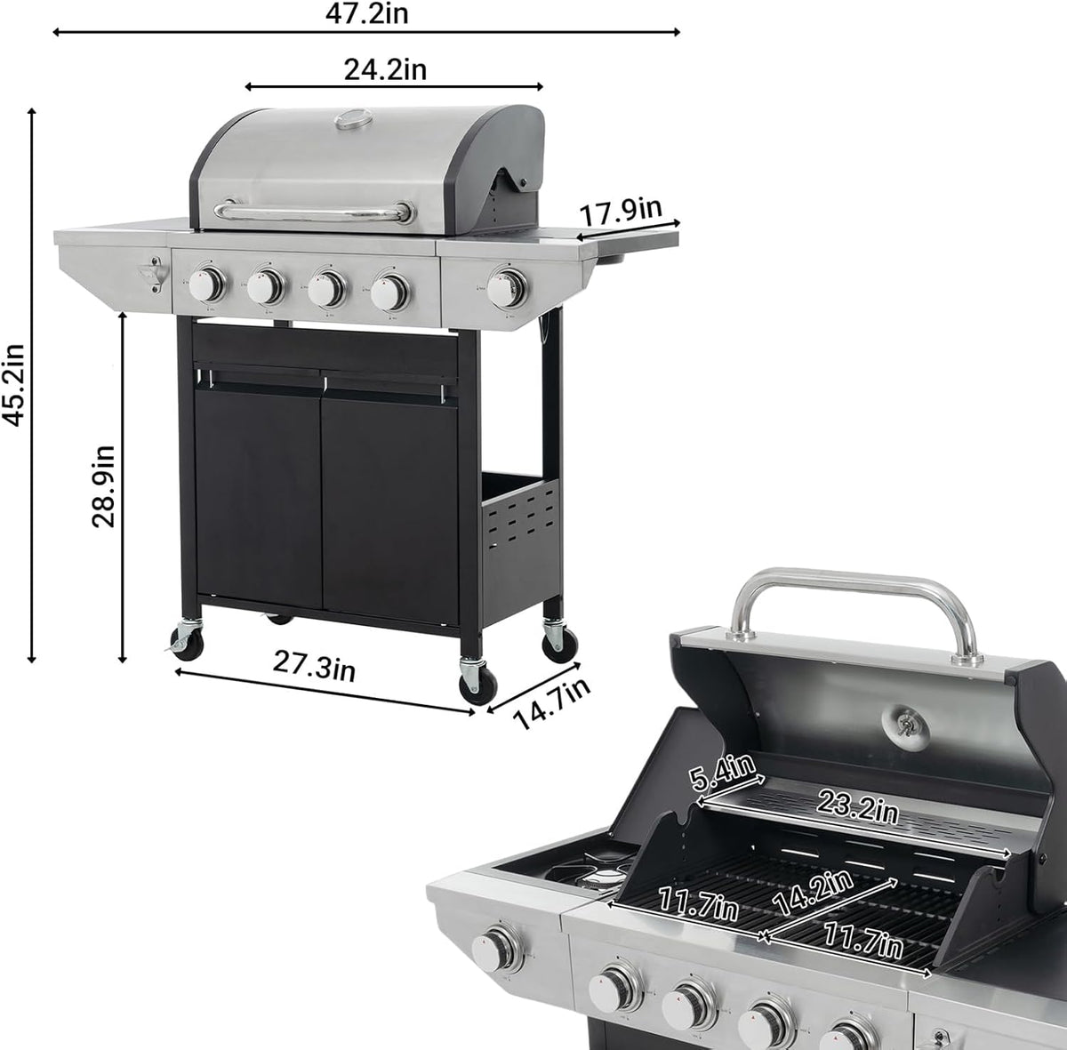Endark 4-burner propane gas grill | Stainless steel construction | Dual side racks and wheels | Designed for patio, garden, and backyard cooking