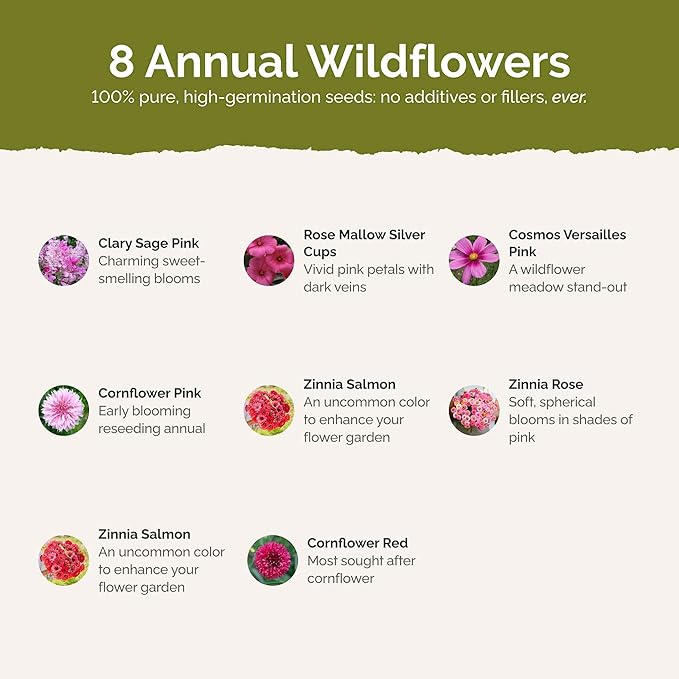 Eden Brothers Pink Perfection Flower Mixed Seeds for Planting, 1/4 lb, 120,000+ Seeds with Zinnia, Cosmos Versailles | Attracts Pollinators, Plant in Spring or Fall, Zones 3, 4, 5, 6, 7, 8, 9, 10