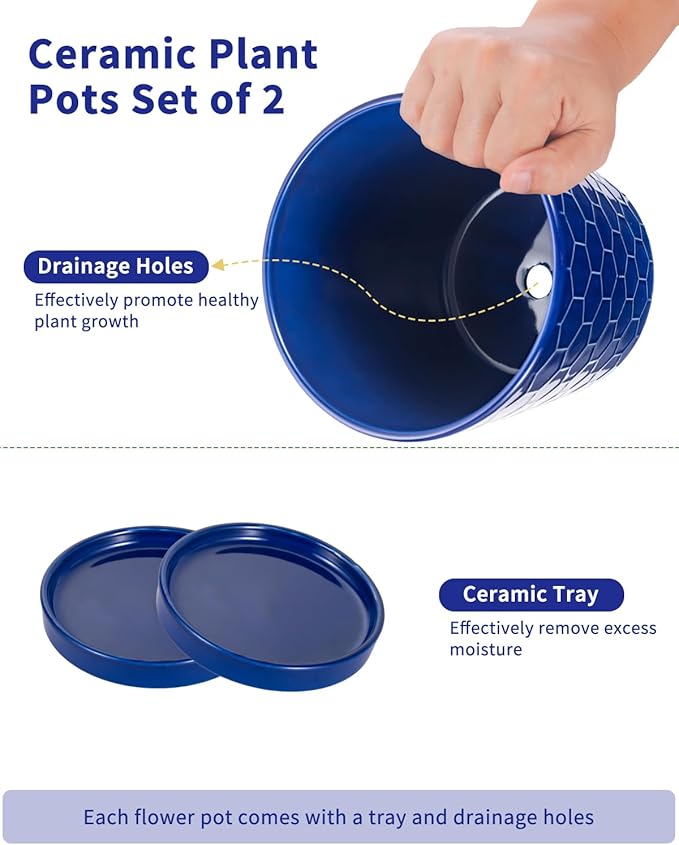 EFISPSS 6 Inch Pots for Indoor Plants,Ceramic Plant Pots,Planters with Drainage Hole and Saucer, Flower Pots Desktop Office Windowsill Decoration Gift Set of 2 - Sapphire Blue