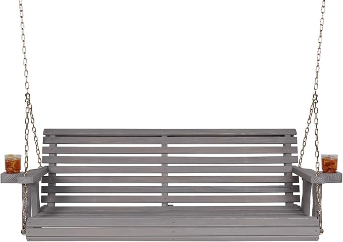 Amish Casual 4 Foot Roll Back Porch Swing with Cup Holders in Semi-Solid Grey Stain - Amish Made in The USA from Treated Pine Heavy Duty 700 Lb. Weight Capacity