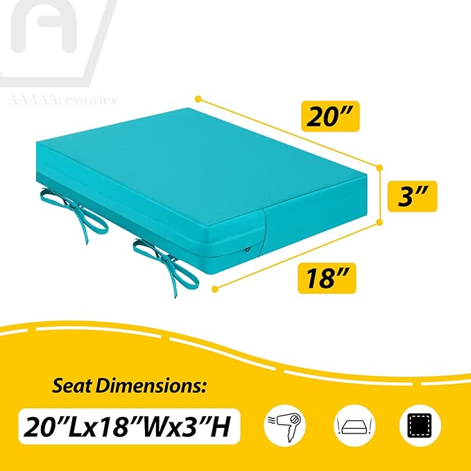 AAAAAcessories Outdoor Seat Cushions for Chairs, Waterproof, Fade-Resistant Patio Furniture Replacement Cushions, 20" x 18" x 3", Set of 2, Turquoise Blue