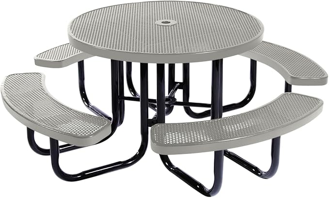 Heavy-Duty Portable Outdoor Picnic Table with Umbrella Hole, Punched Steel Commercial-Grade Patio Dining Furniture Made in America (46" Round Top, Textured Grey)