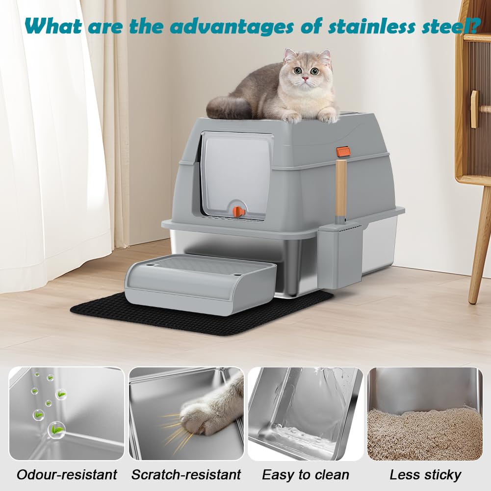SZEE XL Stainless Steel Litter Box with Lid, Grey