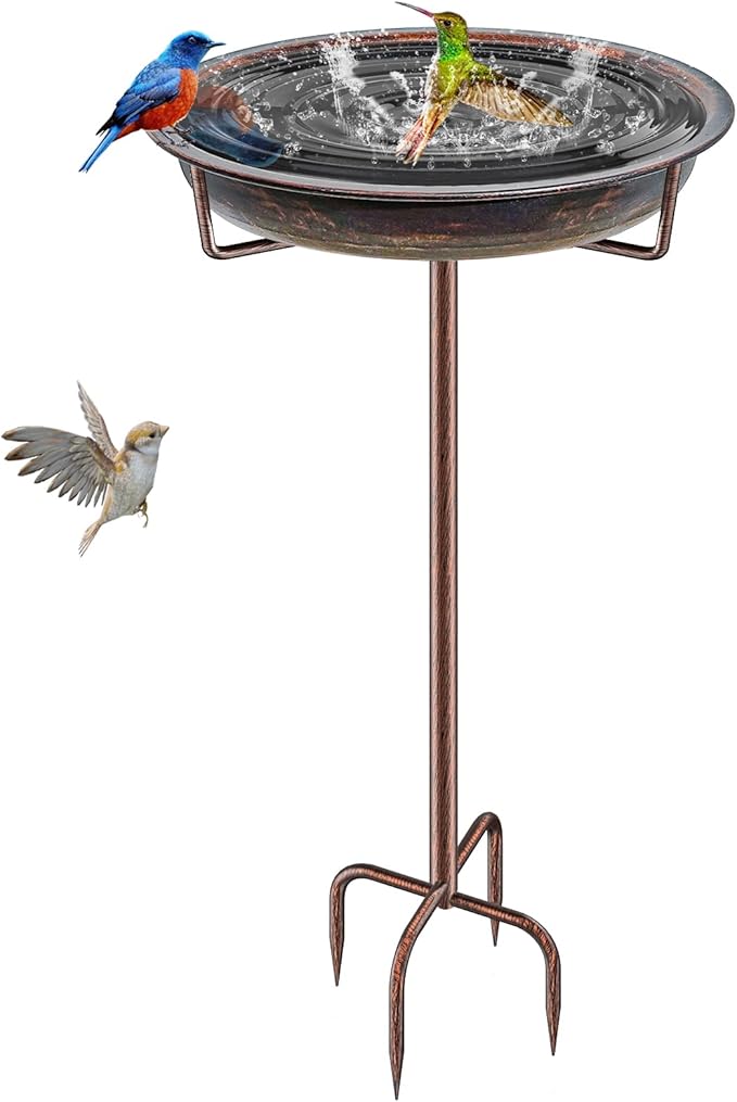 Metal Bird Bath for Outside Garden Birdbath Bowl, 36.2" Height Freestanding Bird Feeders for Outdoors with 4 Prongs Base Stake, Standing Birdfeeders for Yard Lawn Decor (Retro Copper)